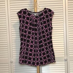 Liz Caliborne Geometric Pleated Round Neck Sleeveless Stretch Blouse M